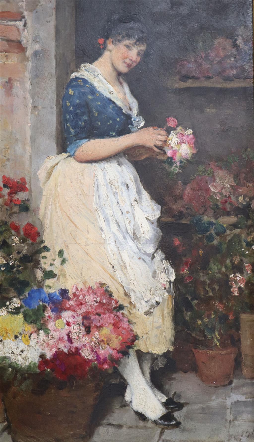 Follower of Eugene Von Blaas (1843-1932), The Fairest Rose, indistinctly signed, oil on canvas laid on board, 45 x 25cm